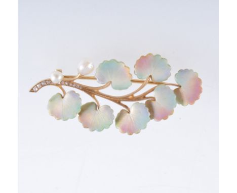 An enamel spray brooch, the seven leaves decorated with pale pink and green enamel with two freshwater pearls and twelve rose