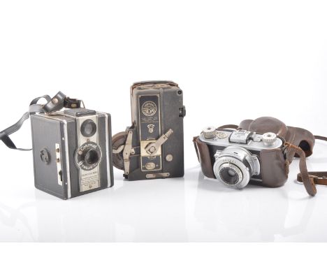 Vintage folding and other cameras, including Eastman Kodak Company folding camera, Kodak 35 no.1 Diomatic, Midas cine camera,