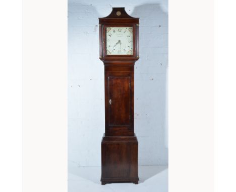 Oak and mahogany longcase clock, swan-neck pediment, hood with turned supports, short door flanked by quarter columns, bracke