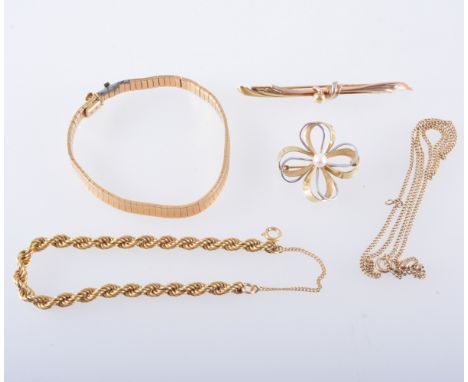 A collection of gold and similar jewellery, a yellow metal 5mm wide satin finish bracelet stamped 750, lead repaired, approxi