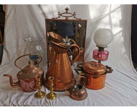 A large quantity of brass and copper items, to include a firescreen, brass jug, brass footman, scales, hydrometer, etc.