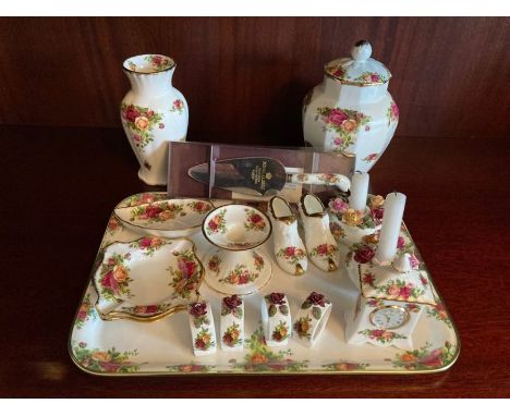 Tray with 16 Pieces of Royal Albert Country Roses including lidded Urn/vase, Vase. 2 Shoes, 3 Candlesticks, Clock, Trinket di