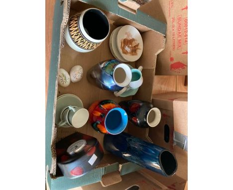Good selection of Poole Pottery including 3 dolphins, assorted vases, pots, plates, tea and coffee pots, trinket boxes pots a