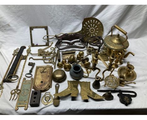 Good selection of metal ware including brass kettle, trivet, firedogs, door furniture large keys toasting forks, ornaments, s