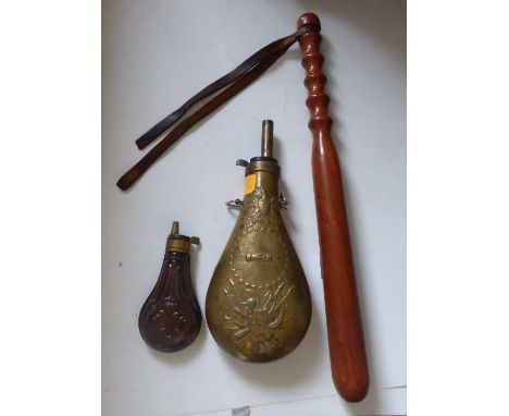 An American "Peace" pattern brass powder flask, another smaller powder flask and a turned wood truncheon&nbsp; (3)