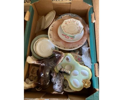 10 boxes of assorted china, earthen ware, stone ware and glass including Woods, Denby, 20th c oriental and 6 lamp shades.&nbs