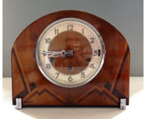 A  1930's/40's Westminster chiming mantel clock in inlaid walnut case with chrome feetcondition: chrome feet rusted
