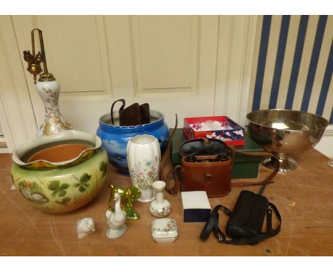 &nbsp;A mixed lot to include 2 Jardinières, binoculars, a tall glass Victorian lamp, a handbag an Aynsley vase 2 small Nao di