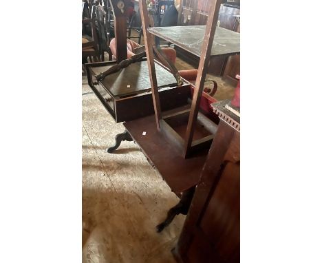 A Victorian mahogany writing table; A Regency style mahogany inlaid sofa; another 20th century plant stand (3)