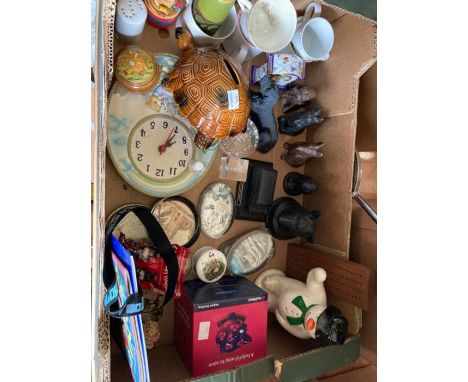 5 boxes and one tin comprising of assorted coal figures, paper weights, money boxes, figures, mugs, glass ware, lamp, clock, 