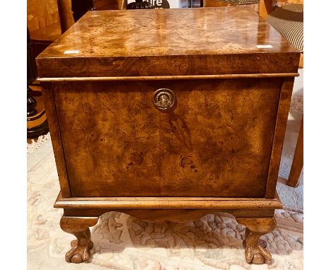 A George III revival burr walnut fall front pot cupboard in a manner of a Chippendale cellarette, in square form caddy top, r