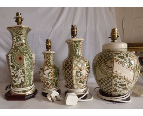 A collection of Masons Ironstone Green Applique&nbsp;pattern, 4 turned in to bedside lamps on wooden bases, a vase and 2 jugs