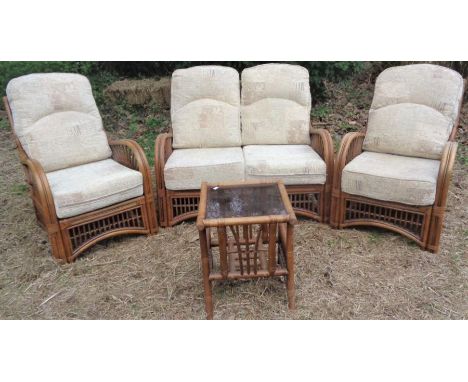 A recent bamboo style conservatory furniture, two seater sofa, two armchairs and a coffee table (4)