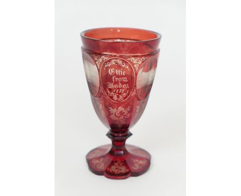 German Baden engraved ruby flash goblet, circa 1875, decorated with cameo views of landmarks over a petalled foot, height 14.