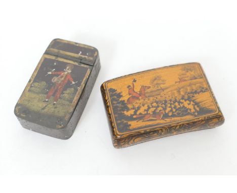 Victorian boxwood and penwork snuff box, curved form, the cover decorated with a fox hunting scene titled 'Breaking cover', 8