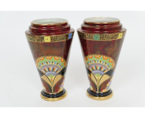 Pair of Carltonware Egyptian Fan pattern vases, 1930s, in striking Art Deco style, tapered form with stepped neck, finely dec