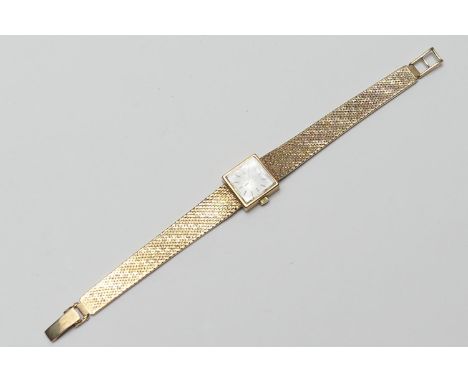 Omega 9ct gold lady's bracelet wristwatch, 12mm square dial with baton numerals, manual movement, on an integral mesh bracele