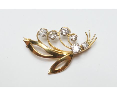Diamond lily of the valley brooch, in 18ct gold, set with six old round cut diamonds of varying size, the largest approx. 0.4