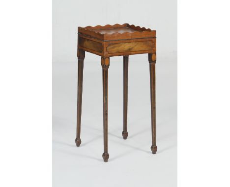 Sheraton style mahogany and satinwood banded kettle stand, square galleried top over tapered inlaid legs, width 27cm, height 
