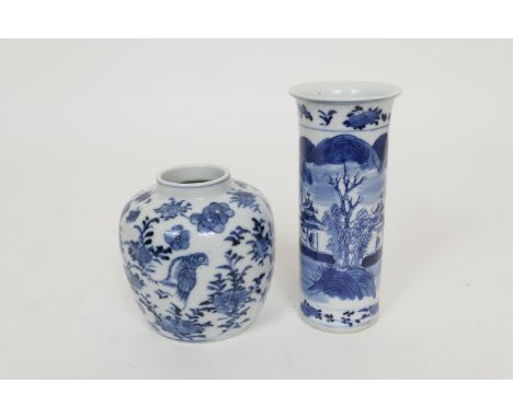 Chinese blue and white jar, late 19th Century, shouldered form decorated with birds, bats, fruit and lotus flower, painted Ka