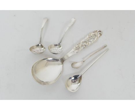 Two Keswick School hammered silver spoons, Chester 1928 in 17th Century style, 15cm and 11cm; also a Danish 830 standard silv