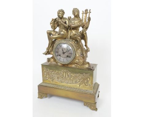 French gilt ormolu mantel clock, by Villemsens, Paris, circa 1875, in Empire Revival style, surmounted with musicians over a 