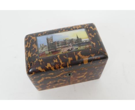 Tortoiseshell tea chest, mid 19th Century, rectangular form with hinged cover inset with a view of the New Houses of Parliame