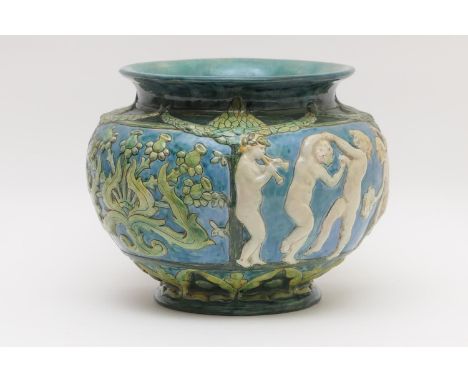 Good Della Robbia jardiniere, by Gertrude Russell, circa 1904-06, baluster form with a wide everted rim, relief moulded with 