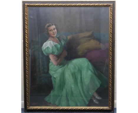 W Hurst, (active c1930), Portrait of a young lady seated in a jade green dress, circa 1930s, oil on canvas, signed, 128cm x 1