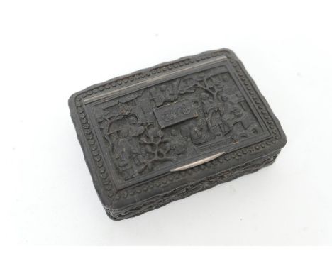 Cantonese carved tortoiseshell snuff box, late 19th Century, curved form carved with figural panels, the sides carved with dr