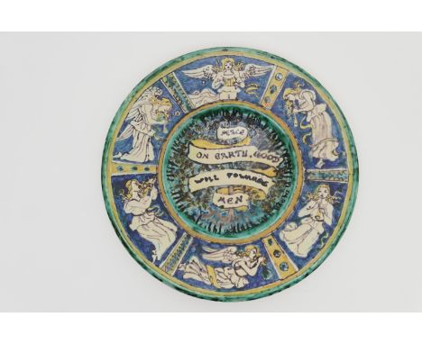 Rare Harold Rathbone for Della Robbia large pottery charger, dated 1894, inscribed to a central banner 'Peace on Earth, Goodw