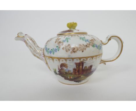 Vienna porcelain teapot and cover, circa 1770, having a rose bud finial and decorated with vignettes of architectural landsca