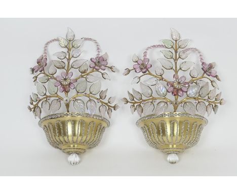 Pair of Art Deco style coloured moulded glass wall lights, worked as a vase of flowers, 40cm x 29cm 