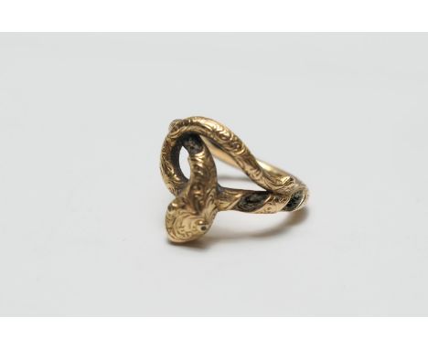 Victorian yellow gold serpent ring, late 19th Century, (probably, originally worked with hair placed within the ring), with c