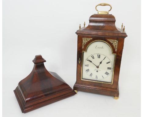 Samuel John Leah, London, mahogany bracket fusee timepiece, with turret top, brass carrying handles and finials, over a paint