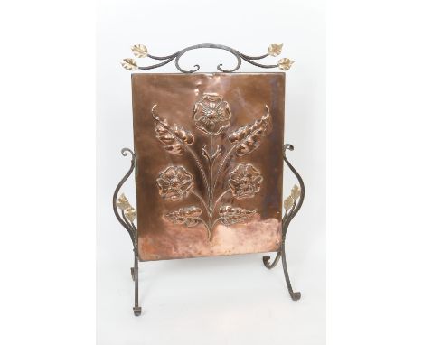 Arts &amp; Crafts copper and wrought iron firescreen, circa 1900, worked with a stylised rose in a wrought metal frame, heigh