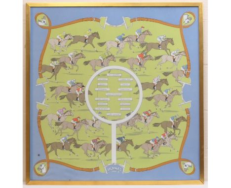 Hermes Harris horse racing silk scarf, framed, 84cm x 86cm 