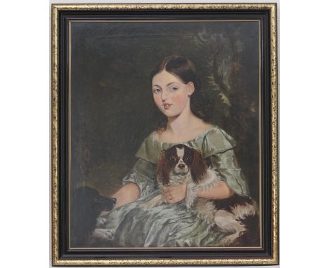 English School (late 19th Century), Portrait of a girl and her pet spaniels, oil on canvas, 65cm x 63cm 