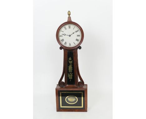 American mahogany banjo wall clock, attributed to John Sawin, Boston, circa 1830, white painted 8'' dial with Roman numerals,