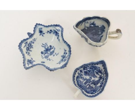 Caughley fisherman pattern leaf shaped butter boat, circa 1780, length 7.5cm; also probably Liverpool Penningtons leaf shaped
