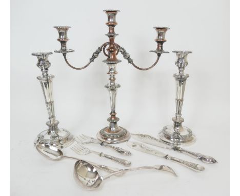 Small assortment of silver plated wares including a pair of Victorian candlesticks, 33.5cm; three branch candelabrum, 47cm; t