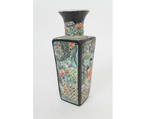 Chinese famille verte biscuit vase, 19th Century, tapered square section, reticulated and moulded with figures and deities am