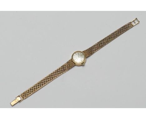 Omega Ladymatic 9ct gold bracelet wristwatch, 14mm circular dial with baton numerals, manual movement, on a gauze mesh bracel