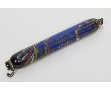 Early Victorian painted blue glass rolling pin, inscribed 'A present from Whitby', and decorated with a portrait of a steam y