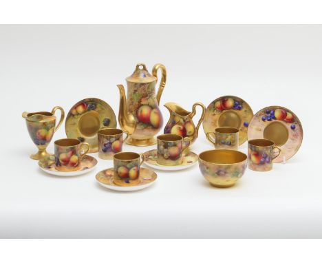 Royal Worcester fruit decorated composite coffee service, comprising baluster coffee pot by A Shuck, height 17cm; baluster cr