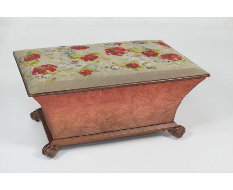 Victorian mahogany and upholstered box ottoman, floral tapestry hinged seat over waisted sides, raised on scroll knuckle feet