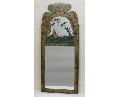 Chinoiserie green lacquered pier glass, 1920s, shaped rectangular form reverse painted to the arch with an elder seated with 