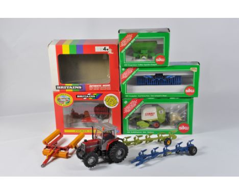 Britains Farm 1/32 Tractor Implement Selection including Cambridge rolls, Siku Implements x 3, Seed Drill, MF 6180 on duals p