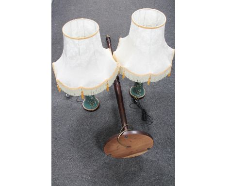 A pair of hand painted table lamps with shades together with a mahogany standard lamp 