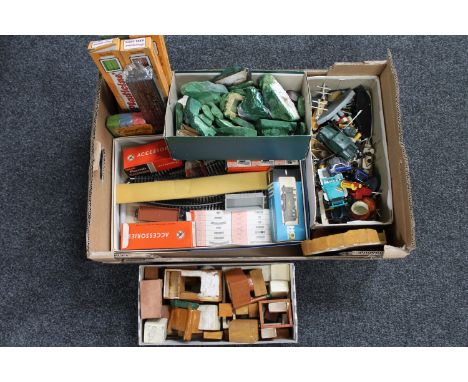 A box of scratch built models, plasticine, Play Craft railways accessories and HO engine 